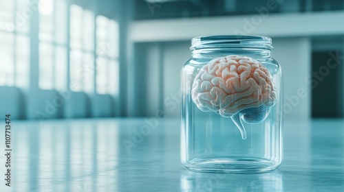 A human brain, housed within a clear glass jar, sits in serene isolation, highlighting the delicate blend of anatomical curiosity and scientific observation. photo