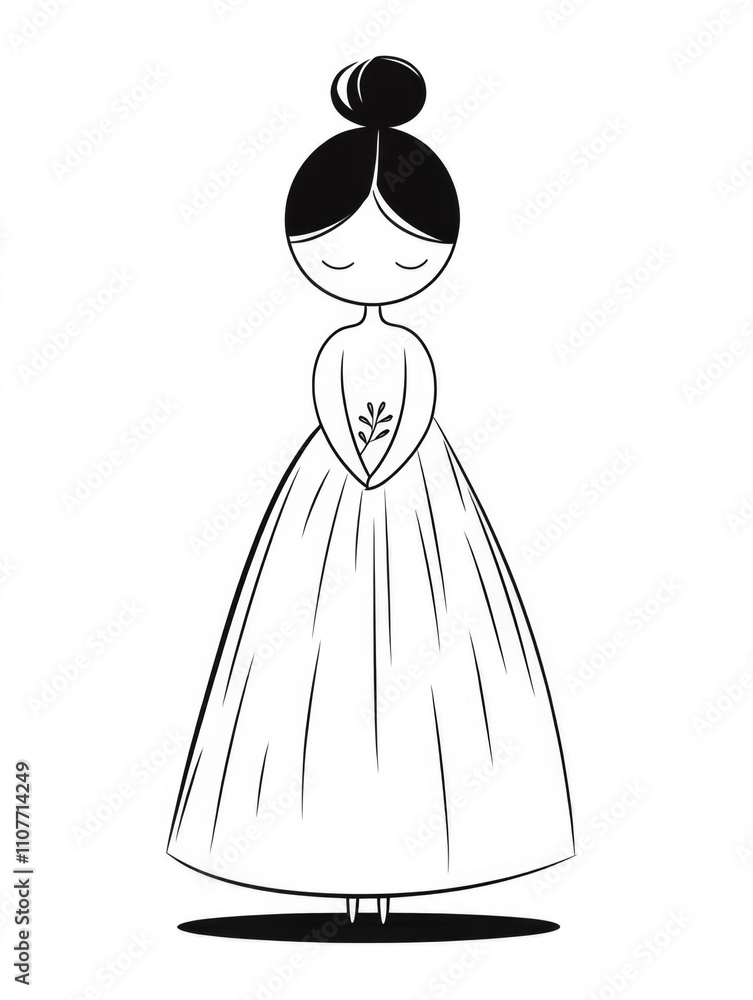 Fototapeta premium A minimalist drawing of a sleek, elegant figure with hair up in a bun, wearing a flowing dress with a simple floral motif, radiating serenity and timeless beauty.
