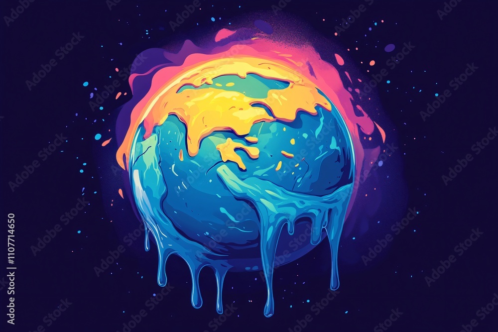 Fototapeta premium Colorful Artistic Representation of a Melting Globe Illustrating Climate Change and Environmental Issues with Dripping Effects and Vibrant Background