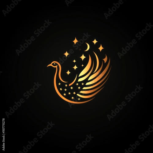 A stylized golden peacock with stars and a crescent moon against a black background. photo