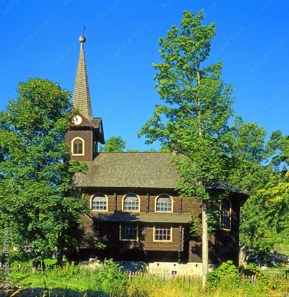 The wooden church of St. Anne in the village of Tatranska Javorina is built of wood. The neo-Gothic church has been Catholic since its inception. Belianske Tatras - Belianske Tatry, Slovakia