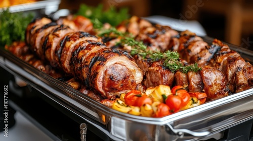 A mouthwatering buffet display featuring a variety of grilled meats and colorful vegetables, artfully arranged to attract and delight food enthusiasts. photo