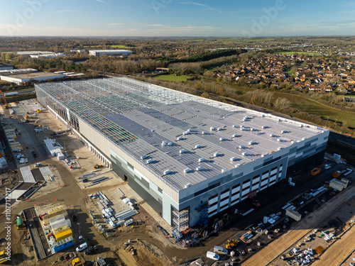Large distribution center under construction in suburban area