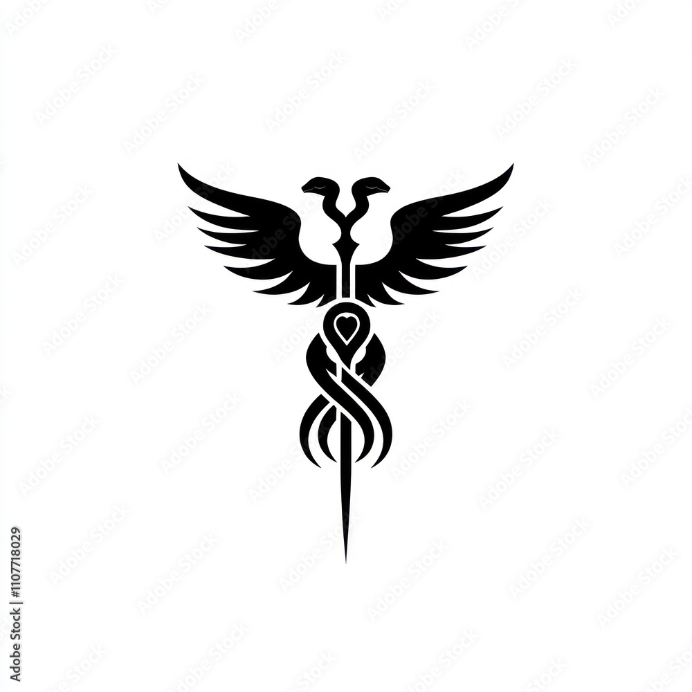 Fototapeta premium Here's a possible and keyword list for your image.. Stylized double-headed bird with intertwined serpent and dagger.