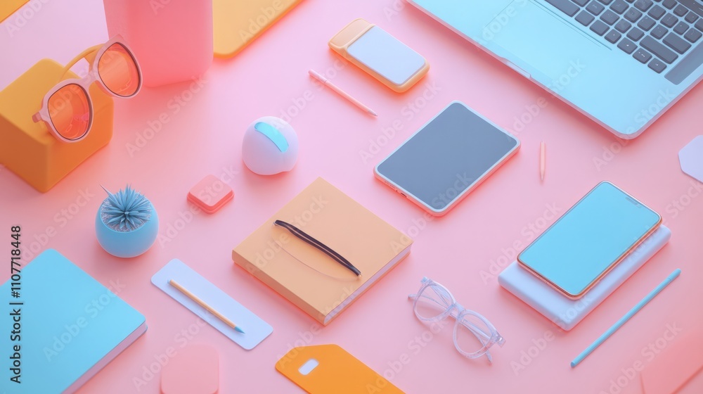 Flat design top view of technology sharing information with complementary color scheme, featuring 3D-rendered devices, data flow, and a futuristic digital communication concept. Flat design top view of technology sharing information with complementary color scheme, featuring 3D-rendered devices, data flow, and a futuristic digital communication concept.
