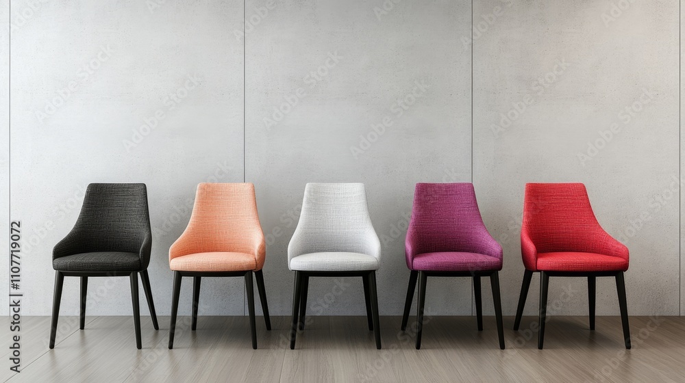 Obraz premium Modern Minimalist Interior with Vibrant Colorful Chairs against Concrete Wall