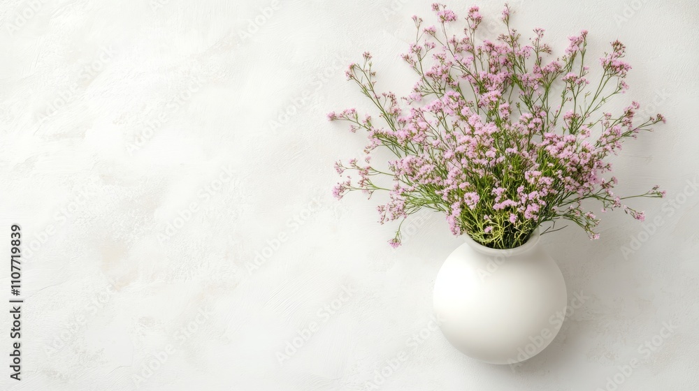 Fototapeta premium Top view of a white ceramic vase holding a bouquet of soft lagurus flowers, isolated on a clean white background with ample copy space, emphasizing minimalist and natural decor concepts.