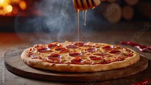 Delicious Pepperoni Pizza with Honey Drizzle on Wooden Board in Cozy Rustic Setting