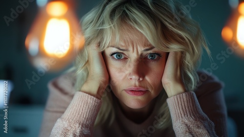 A woman with blonde hair looks thoughtfully ahead while sitting in a cozy setting, illuminated by warm ambient lights. photo