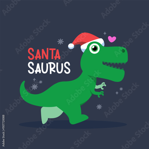 A dinosaur is running with christmas hat. Isolated Vector Illustration