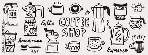 Coffee shop doodle graphic elements. Hand drawn vector set. Cafe menu design vector elements.