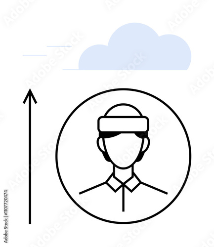 Person wearing VR headset within circular frame ascending arrow cloud background. Ideal for technology, innovation, exploration, imagination, growth, future, digital. Line metaphor