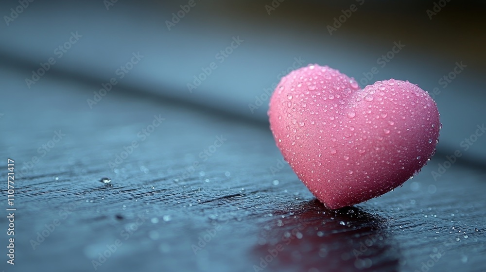Obraz premium Pink heart with droplets on a wooden surface in soft light