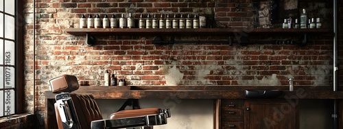 A stylish and modern barber chair is in the foreground, with shelves of hair product bottles behind it. The background shows an elegant barbershop interior with vintage decor elements like wooden pane