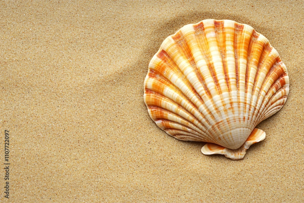 Beautiful scallop shell resting on soft sandy beach with gentle curves and warm orange tones, capturing the essence of marine life and seaside tranquility Beautiful scallop shell resting on soft sandy beach with gentle curves and warm orange tones, capturing the essence of marine life and seaside tranquility