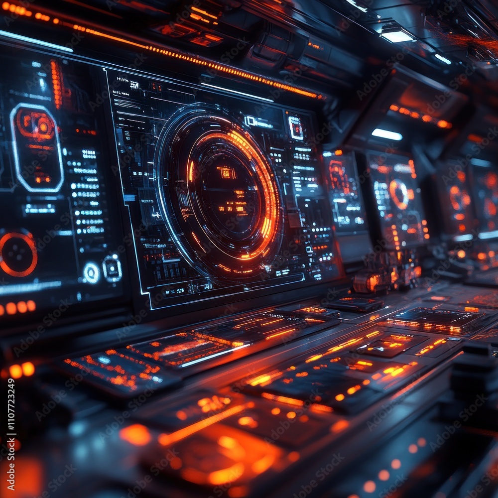 Obraz premium Futuristic spaceship control panel with glowing orange and blue interfaces.