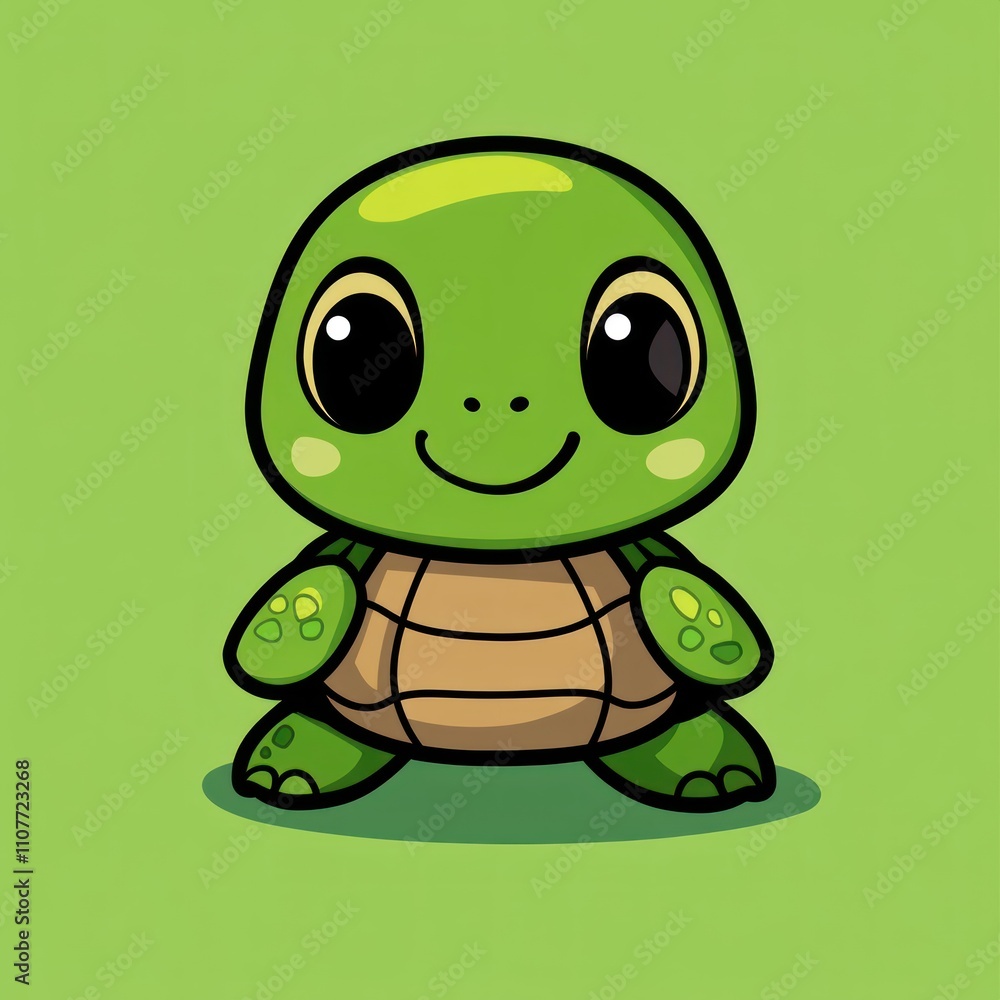 Obraz premium Adorable cartoon turtle with big eyes, smiling, on green background.
