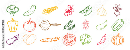 Vegetables icons chalk hand drawn doodle set. Drawing crayon vegetables 