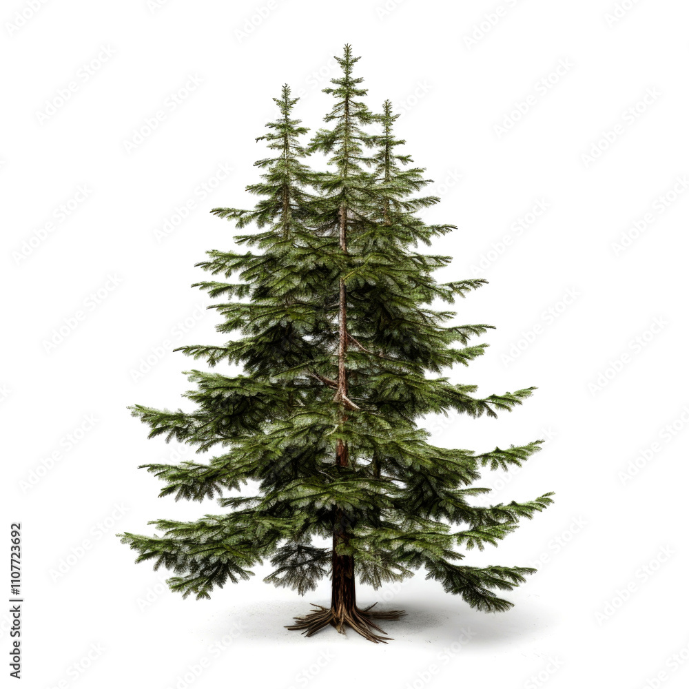 Fototapeta premium Tall evergreen tree with three main trunks, isolated on white background.
