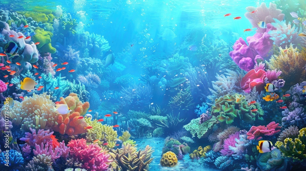 Obraz premium Vibrant underwater scene showcasing colorful corals and diverse marine life.