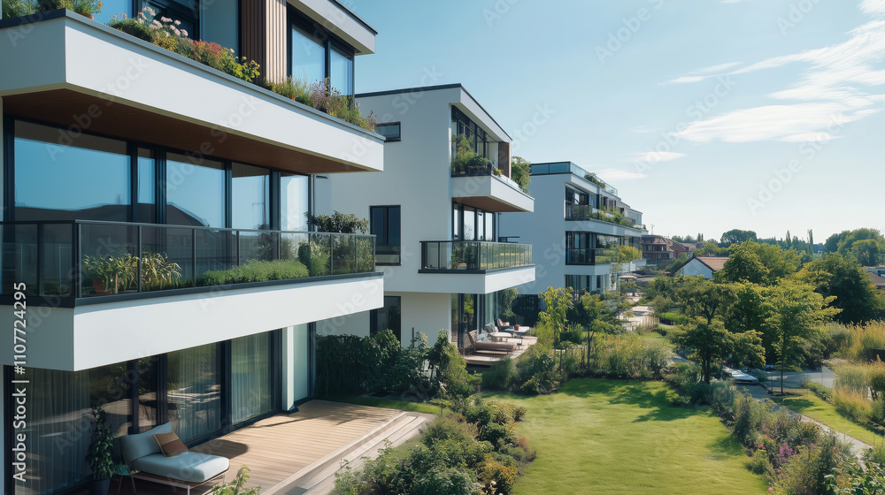 Obraz premium Modern residential architecture with spacious balconies and green landscaping