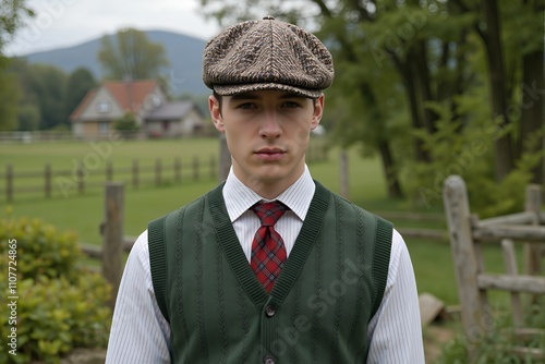 A portrait set in a serene countryside, featuring a man wearing a traditional countryside fashion