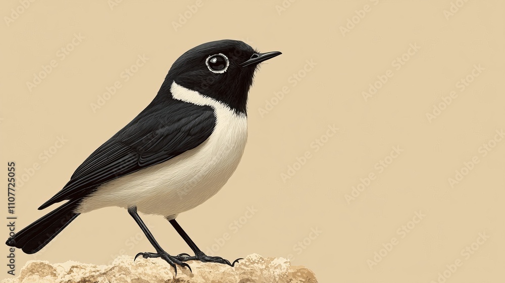 Obraz premium Realistic illustration of a black and white bird perched on a rock