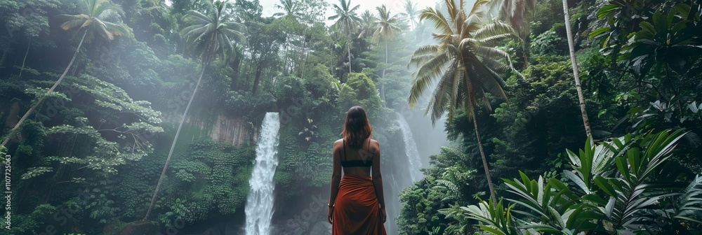 Fototapeta premium Woman at waterfalls in jungles, Bali island nature, stream cascade, Indonesia travel, beautiful jungle