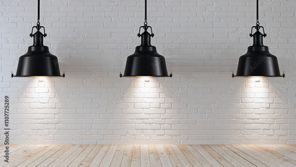 Obraz premium Minimalist Interior with White Brick Wall and Pendant Lights