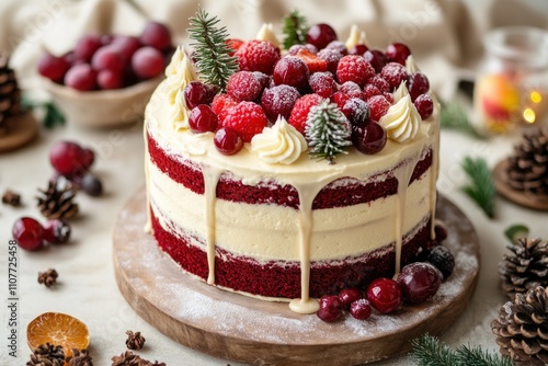 Wallpaper Mural Delicious red velvet cake layered with cream cheese frosting, decorated with sugared berries and pine sprigs. Torontodigital.ca