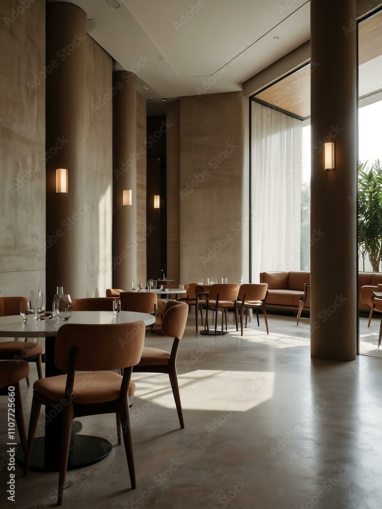 Fototapeta premium Minimalist interior of a serene hotel or restaurant.