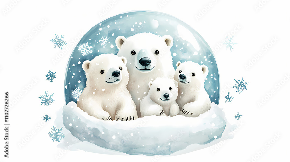 Fototapeta premium Christmas snow globe with polar bear family, soft snowflakes, white background, watercolor style, photorealistic. Glacial. Illustration
