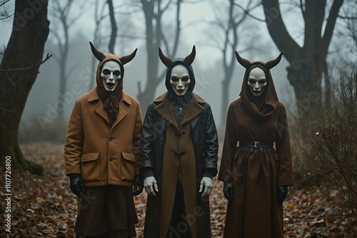 A retro-style image of three eerie figures wearing terrifying masks & strange, old-fashioned clothing, evoking unsettling horror aesthetic with blend of mystery, fear, and vintage inspired creepiness photo