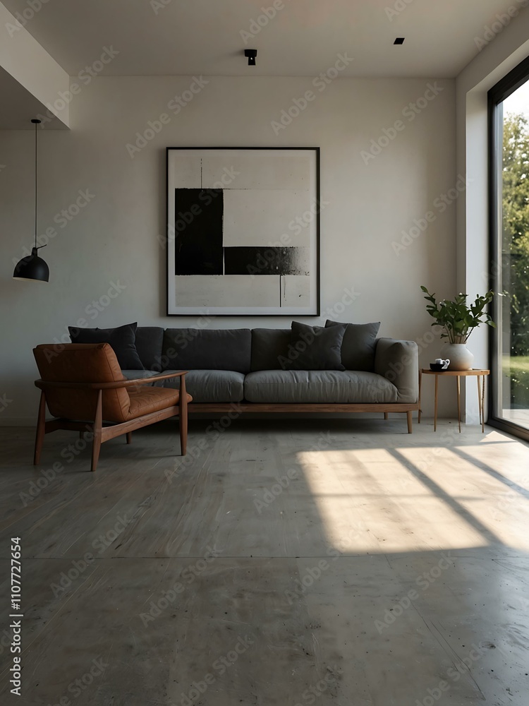 Fototapeta premium Minimalist living room with empty frame and sunlight.