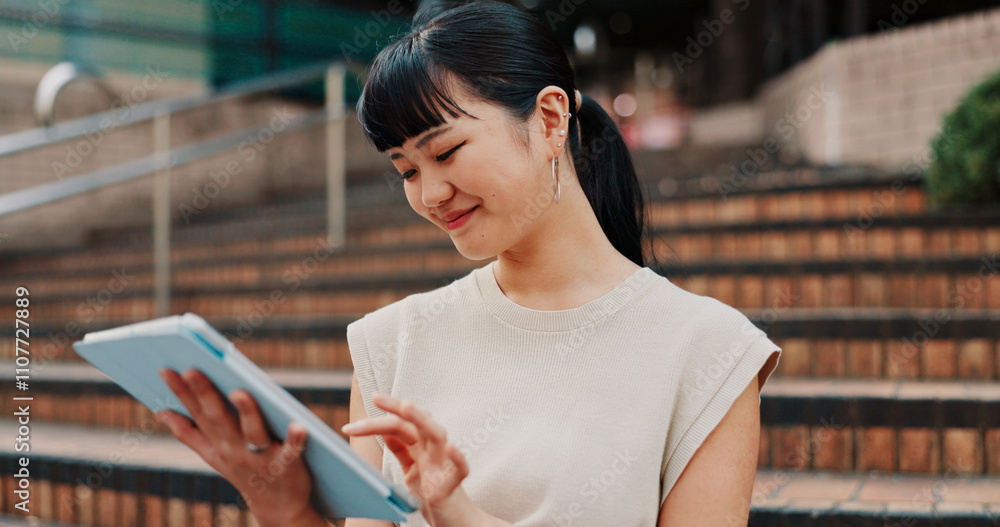 Japanese woman, student and tablet with smile, thinking and idea for university or course on campus. Female person, tech and ideas for growth, education and learning in online schedule for curriculum Japanese woman, student and tablet with smile, thinking and idea for university or course on campus. Female person, tech and ideas for growth, education and learning in online schedule for curriculum