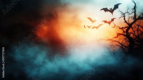 A mesmerizing scene of bats soaring into a vibrant sunset, with hues of orange and blue merging with silhouettes of bare branches and swirling mist. photo