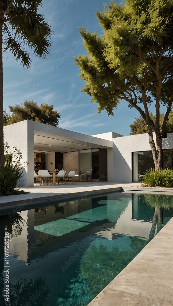Fototapeta premium Minimalist modern home with a pool and garden view.