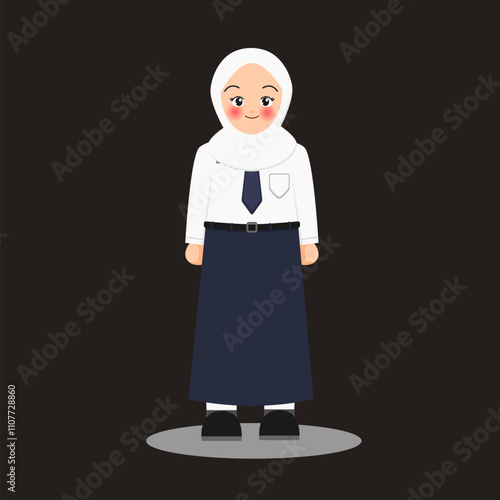 Illustration of pretty muslim girl wearing indonesian junior high school uniform