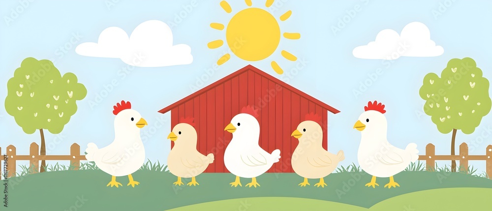Fototapeta premium A group of chickens are walking in a line