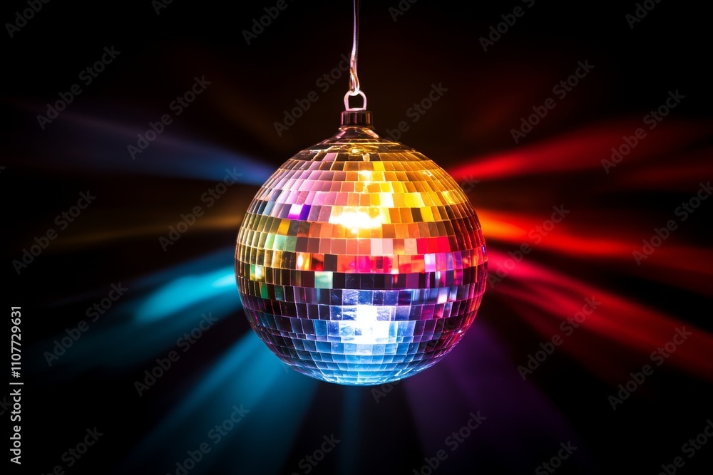 Obraz premium Disco ball reflecting colorful lights at a party venue during nighttime celebration