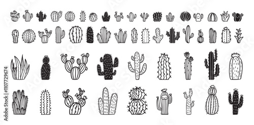 Hand drawn cactus icons. cacti doodle set. Cute sketch cactus collection.