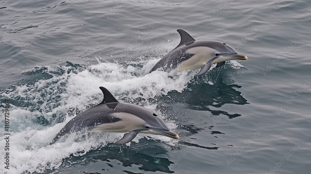 Obraz premium Two Dolphins Leaping Through Ocean Waves