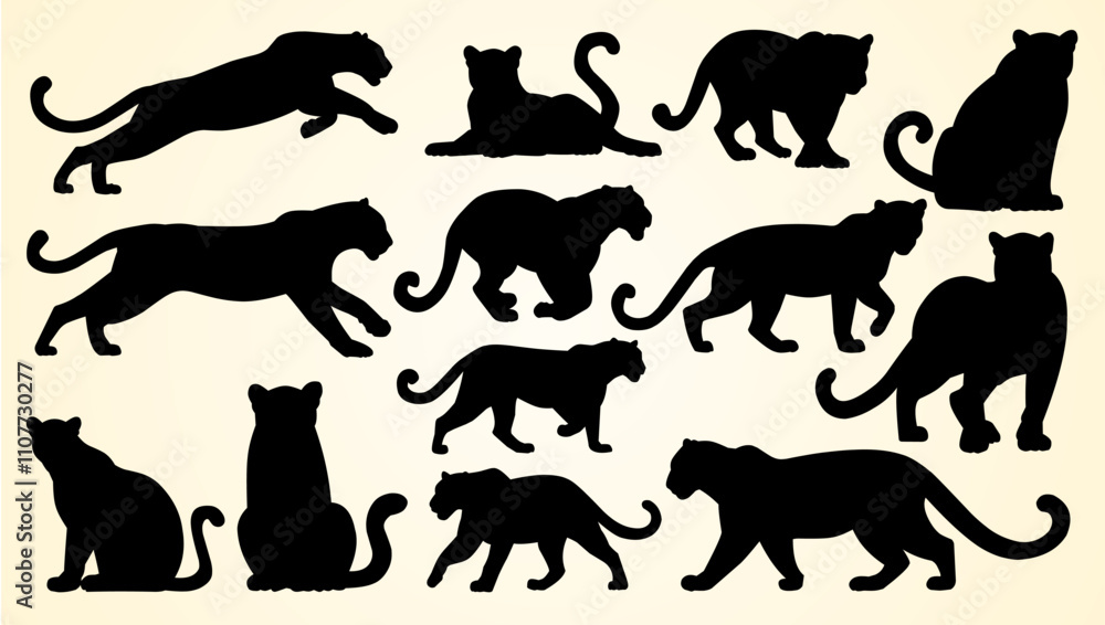 Fototapeta premium Silhouettes of big cats in various poses, including walking, running, and sitting.