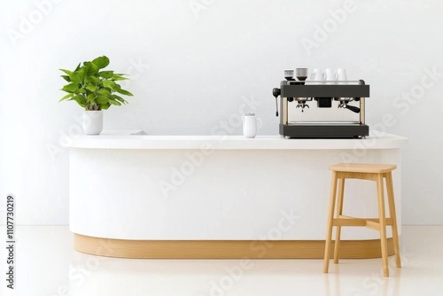 a photostock of a  Minimal interior design of cafe or coffee cafe bar shop in clean minimalist style, decorated with warm tone, relaxing tones with glossy ivory white round corner photo