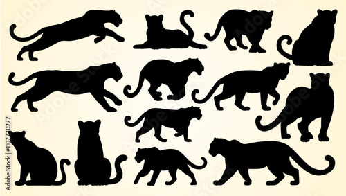 Silhouettes of big cats in various poses, including walking, running, and sitting.