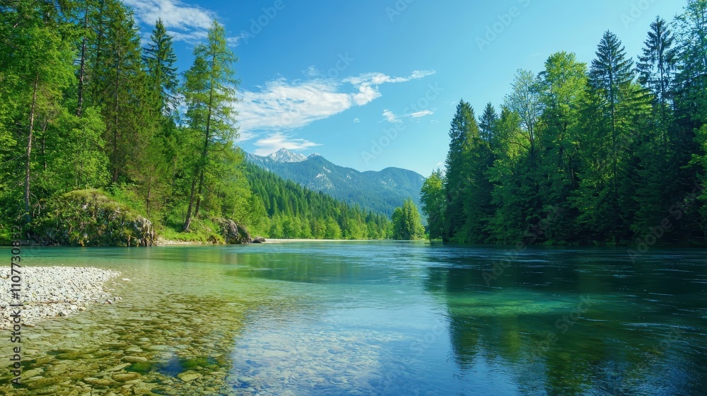 Fototapeta premium A tranquil river flows through lush greenery under a clear blue sky, surrounded by mountains, creating a serene natural landscape.