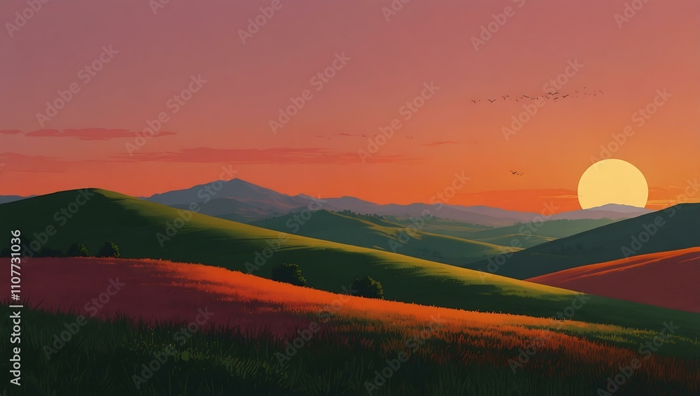 Obraz premium Minimalist sunset illustration over rolling hills in pink, orange, and green.