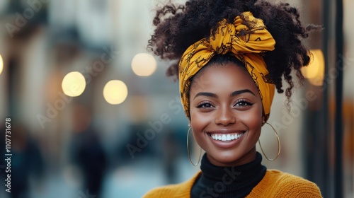 A beautiful woman with a radiant smile wears a bright yellow headwrap and large hoop earrings, standing in an urban setting, embodying confidence and style beautifully. photo