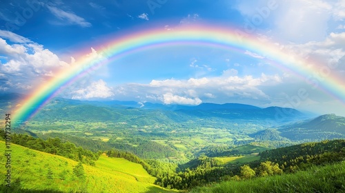 A vibrant rainbow arches over a lush green landscape, with rolling hills and a bright blue sky filled with fluffy clouds.