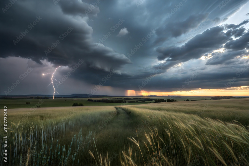 Lightning Strikes Over a Stormy Grassland Lightning Strikes Over a Stormy Grassland